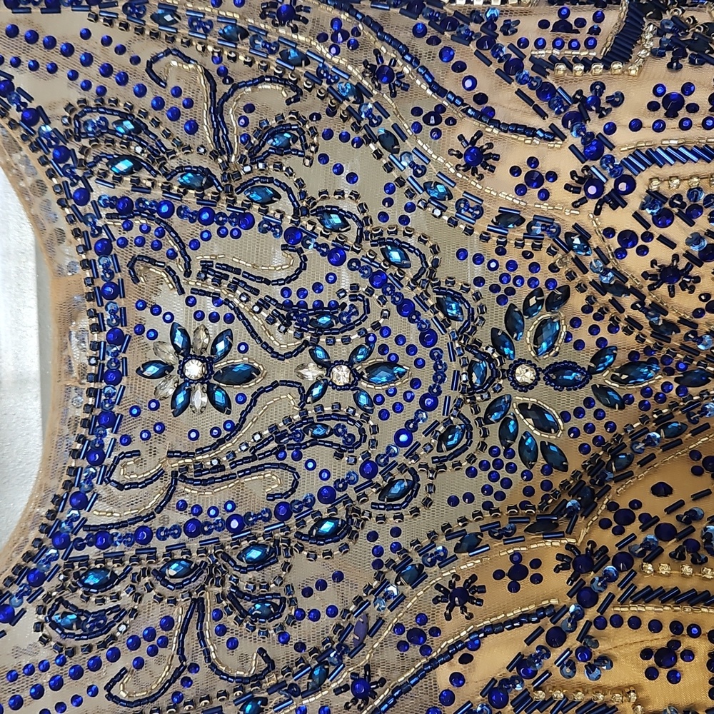 Size 4 royal blue prom/evening gown w/ cold shoulders & long sleeves, beaded top - Picture 7 of 16